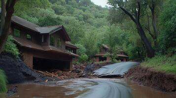 A house is surrounded by mud and water photo