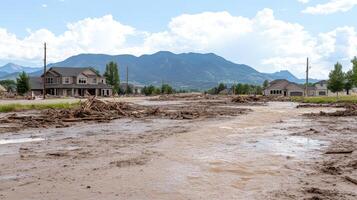 A muddy street with houses and a mountain in the background photo