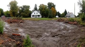A muddy area with a house in the background photo