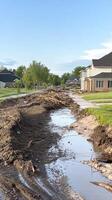 A street with mud and water flowing down it photo