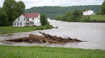 A house sits on top of a pile of logs in a river photo