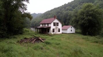 An old white house in the middle of a field photo