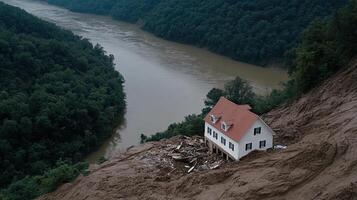 A house sits on top of a hill with a river in the background photo