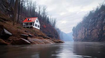 A house on a cliff overlooking a river photo