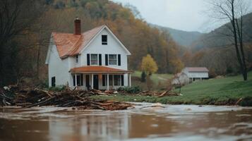 A house is sitting on top of a flooded field photo