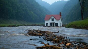 A house sits in the middle of a river photo