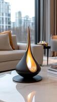 A modern living room with a fireplace and a table photo