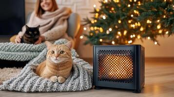 A woman and her cat are sitting on the floor next to a heater photo