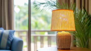 A lamp on a table in front of a window photo