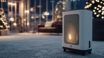 A white heater sitting in front of a christmas tree photo