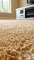 A carpeted room with a television and a white couch photo