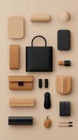 Various items arranged on a brown background photo