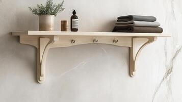 A shelf with towels and a towel rack photo
