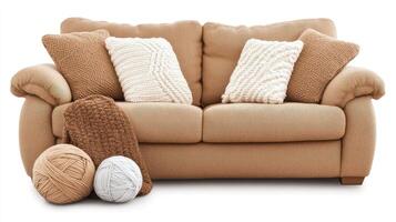 A couch with two pillows and a ball of yarn photo