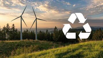 Wind turbines in the background with a recycling symbol photo