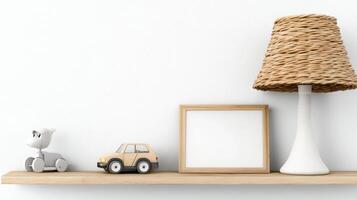 A wooden shelf with a lamp, toy car and a picture frame photo