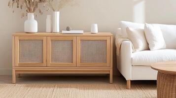 A white couch and wooden sideboard in a room photo
