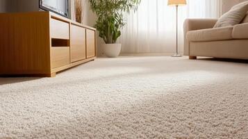 A living room with a white carpet and furniture photo