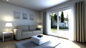 A modern living room with a couch, coffee table and window photo