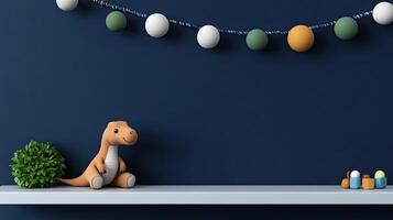 A shelf with a dinosaur toy and a few easter eggs photo