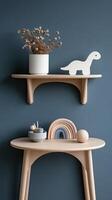A wooden shelf with a white dinosaur and a rainbow photo