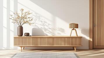 A wooden sideboard with a vase on it in front of a window photo