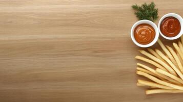French fries with ketchup and ketchup sauce on wooden table top view photo