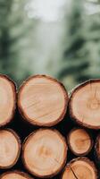 A pile of logs stacked up against a background of trees photo