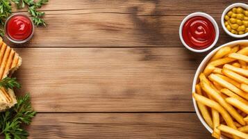 French fries and ketchup on wooden table top view photo