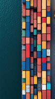 An aerial view of containers stacked on a dock photo