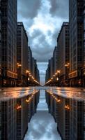 A city street with tall buildings reflected in a puddle photo