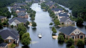 Flooded houses in a residential area with a boat photo