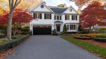 A driveway with a white house and a driveway with black garage doors photo