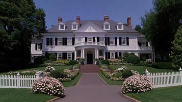 A large white house with a white picket fence photo