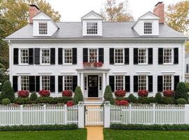 A white house with black shutters and a white picket fence photo