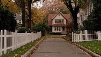 A white picket fence is in front of a house photo