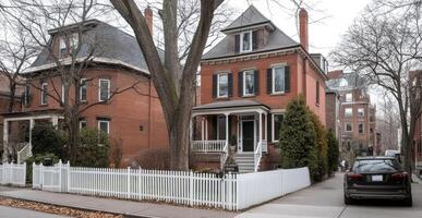A red brick house with a white picket fence photo