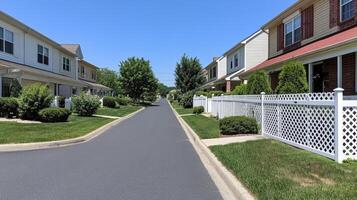 A residential neighborhood with white picket fences and houses photo