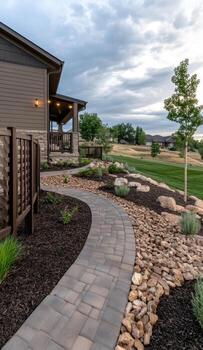 A walkway leading to a home with a stone path photo