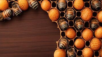 Bees and honeycomb on a wooden background photo