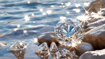 A diamond is sitting on the rocks near the water photo