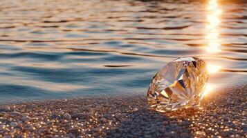 A diamond is sitting on the sand near the water photo