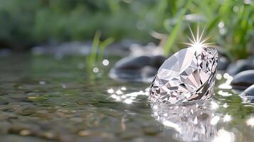 A diamond is reflected in water near grass photo
