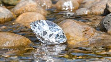 A diamond is sitting on top of rocks in a stream photo