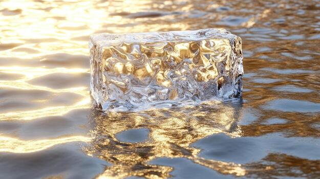 An ice cube sitting in water with the sun shining photo