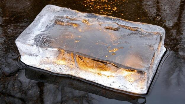 An ice cube floating in water with a fire photo