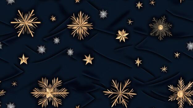 A seamless pattern with gold stars and snowflakes on a dark blue background photo