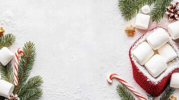 Christmas background with marshmallows and christmas tree photo