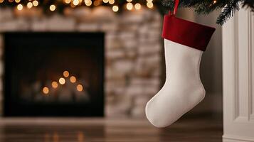 A christmas stocking hanging from a fireplace photo