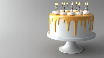 A cake with candles on top and a white background photo
